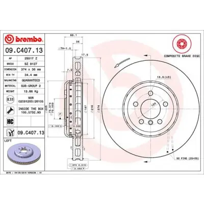Disco de freno BREMBO 09.C407.13 Bestseller